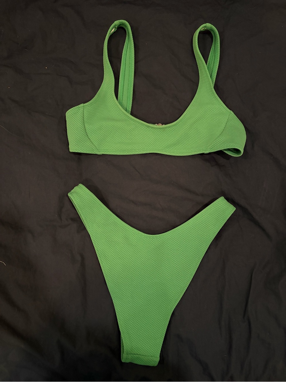 Green Textured Scoop Bikini Top and High-Cut Bottom - Women Swim